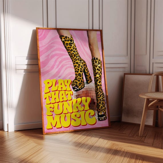 Play That Funky Music Wall Art Pink Disco Ball Poster Retro Leopard Print Decor