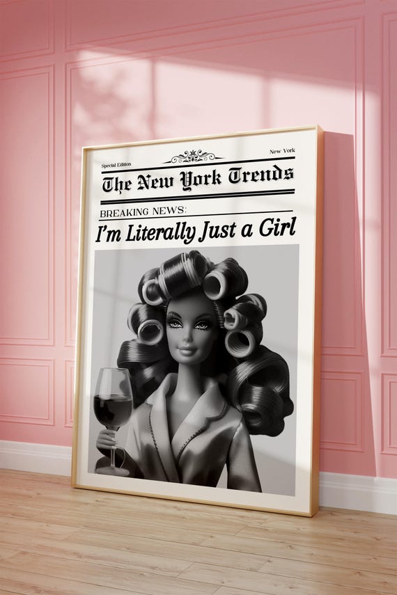 Trendy Newspaper Print Black And White Retro Doll With Curlers Digital Download