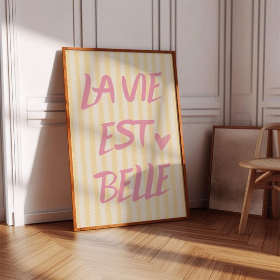 Positive Quote Wall Art La Vie Est Belle Print Yellow Poster Digital Download