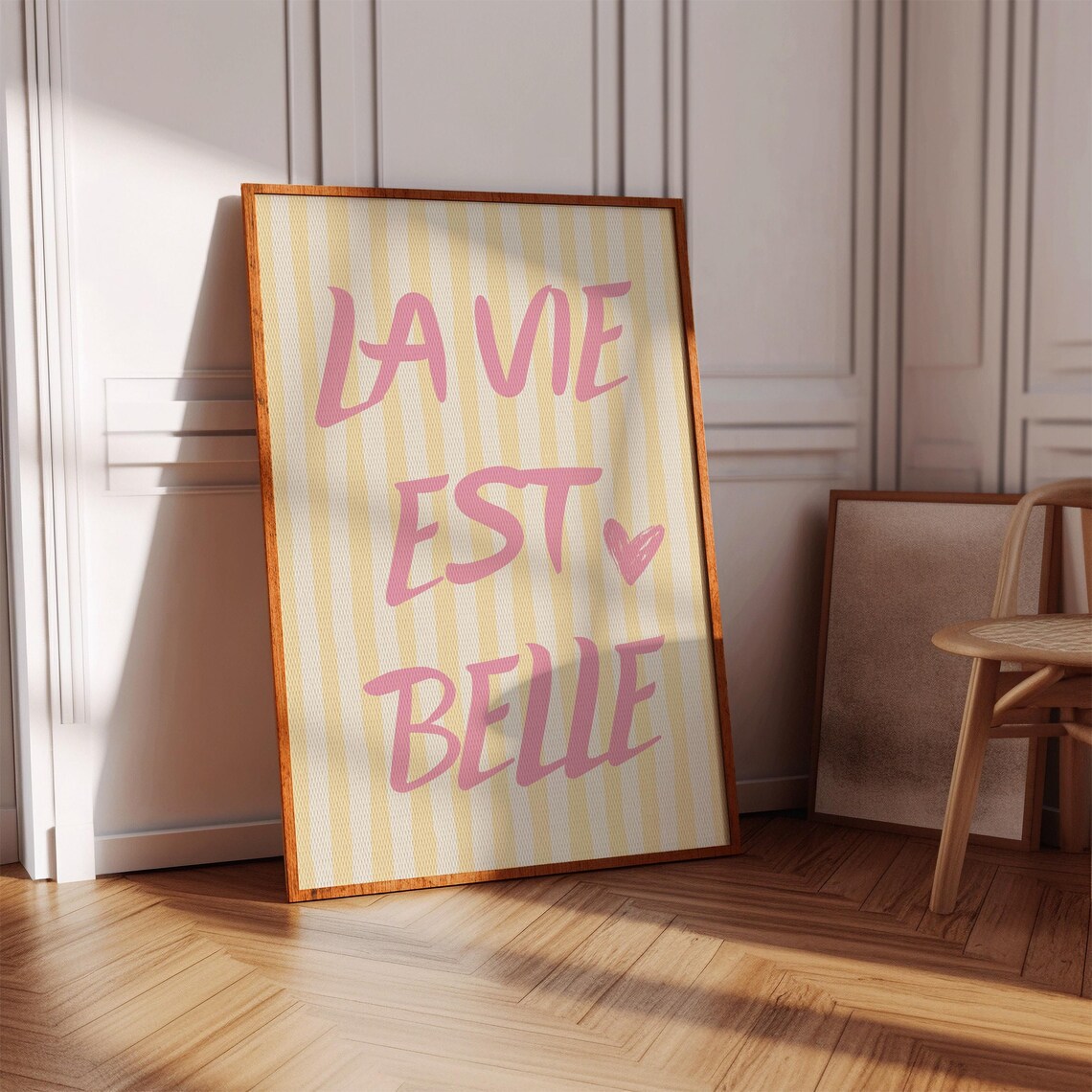 La Vie Est Belle Yellow Striped Retro French Pink Quote Poster