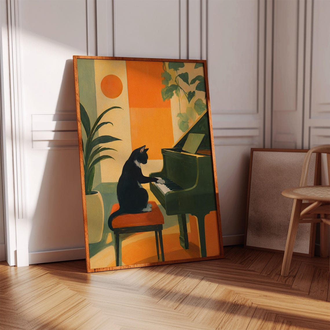 Black Cat Playing Piano Retro Mid Century Modern Orange Sunset Poster
