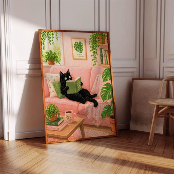 Black Cat Reading Cozy Botanical Print Plant Lover Living Room Wall Art