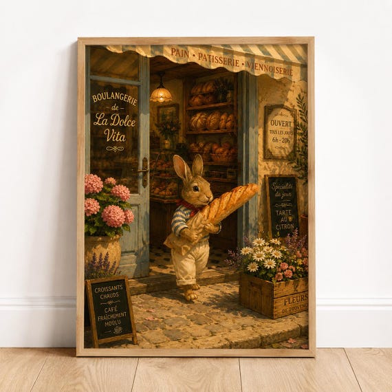 Whimsical Bunny Bakery Print French Wall Art Cottagecore Kitchen Decor