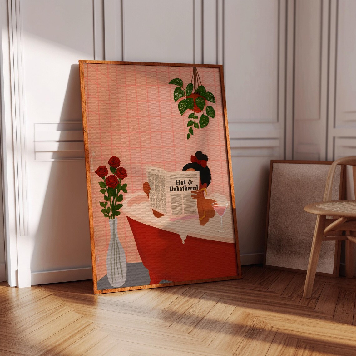 Hot and Unbothered Woman Reading Newspaper in Red Bathtub Art Print