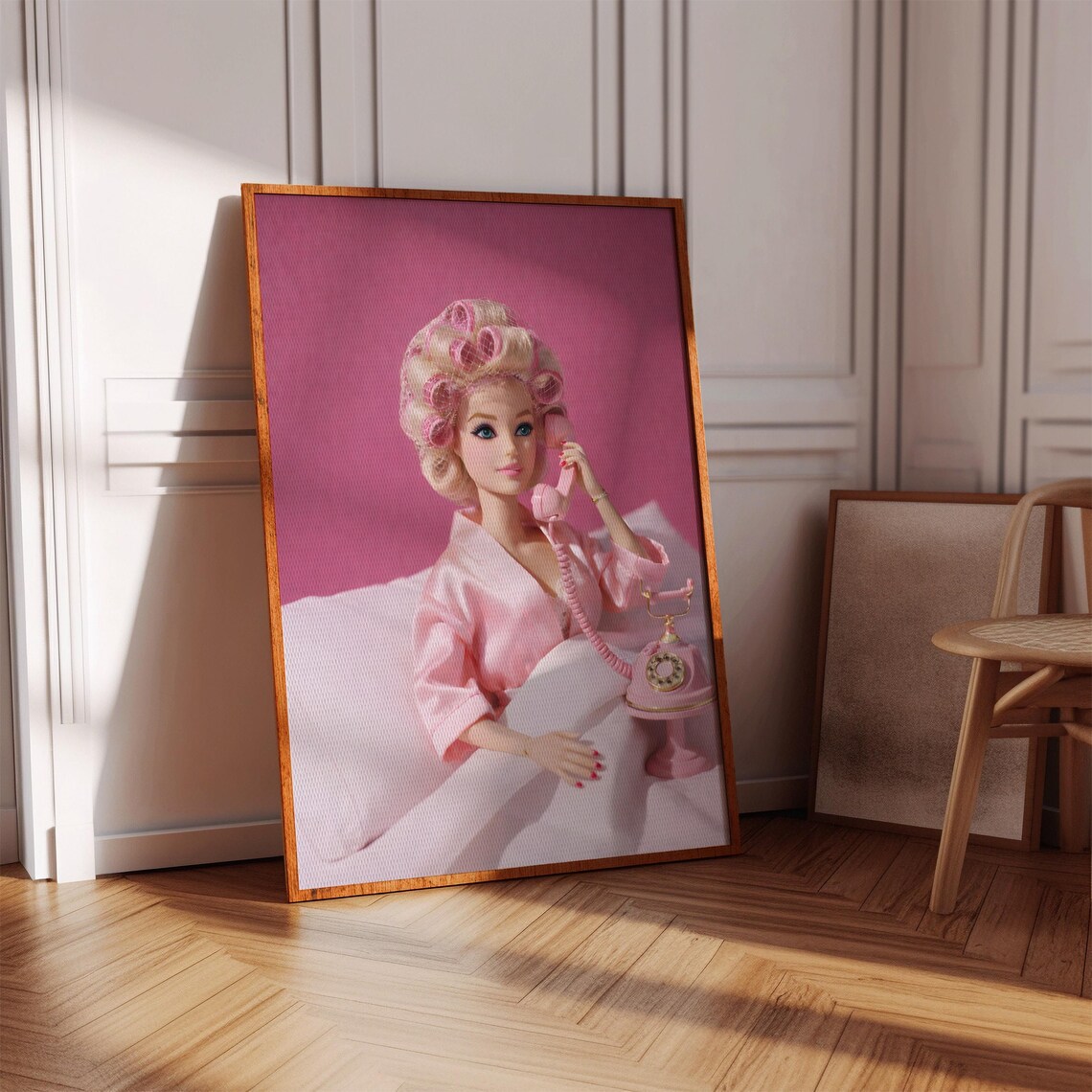 Blonde Doll With Pink Hair Curlers Rotary Phone Retro Bedroom Poster