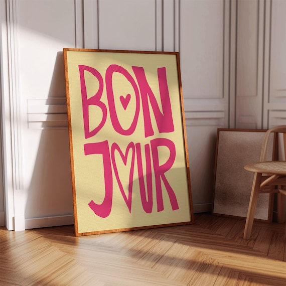 Bon Jour Pink French Heart Typography Morning Kitchen Poster