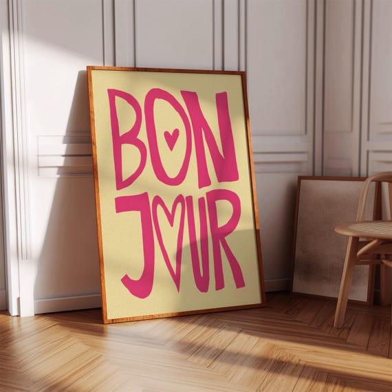 Bonjour Pink Typography Wall Art French Quote Print Modern Heart Poster Trendy Dorm Decor