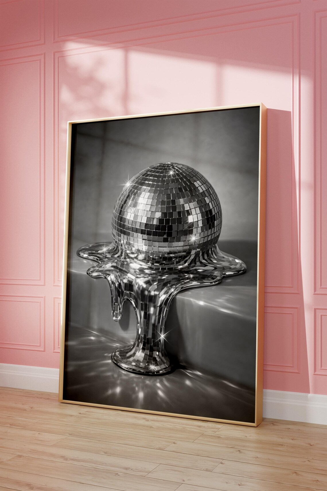 Melting Chrome Disco Ball Black and White Surreal Art Poster