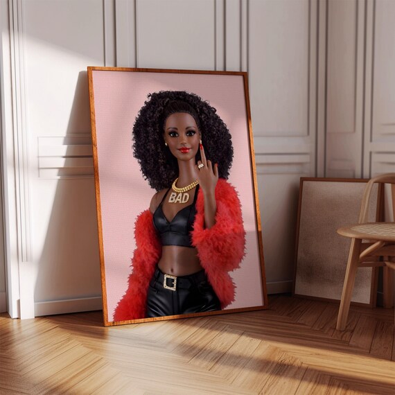 Barbie Doll Black Curly Hair Red Fur Coat BAD Necklace Sassy Art Poster