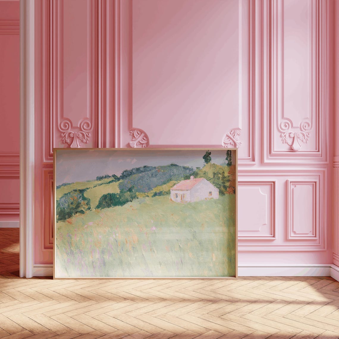 White Farmhouse In Green Meadow Painting Cottage Hills Poster - Image 3