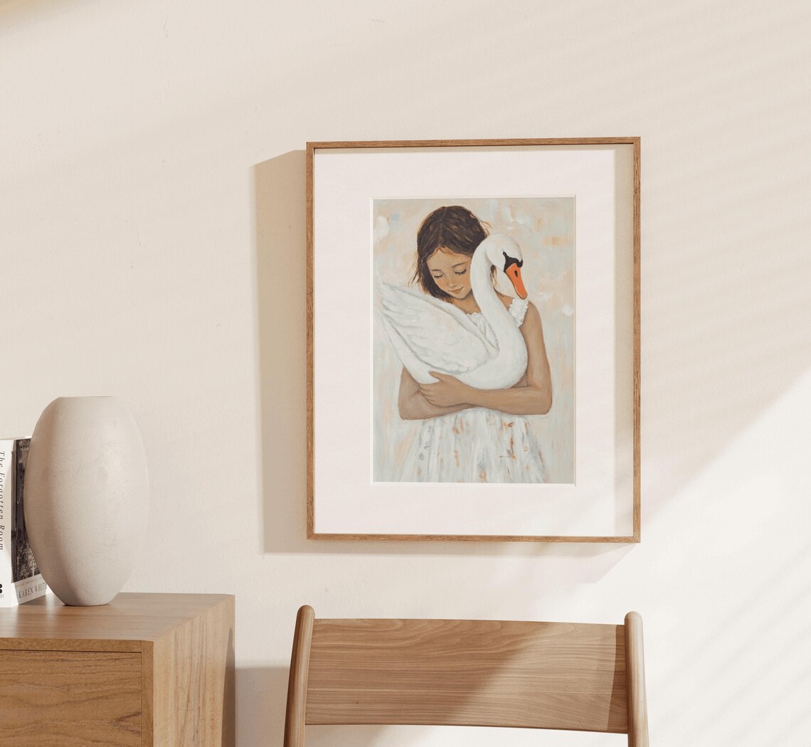 Girl Hugging Swan White Dress Sweet Watercolor Nursery Wall Art - Image 3