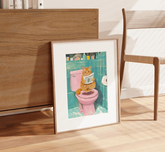 Funny Orange Cat Reading Newspaper on Toilet Bathroom Poster