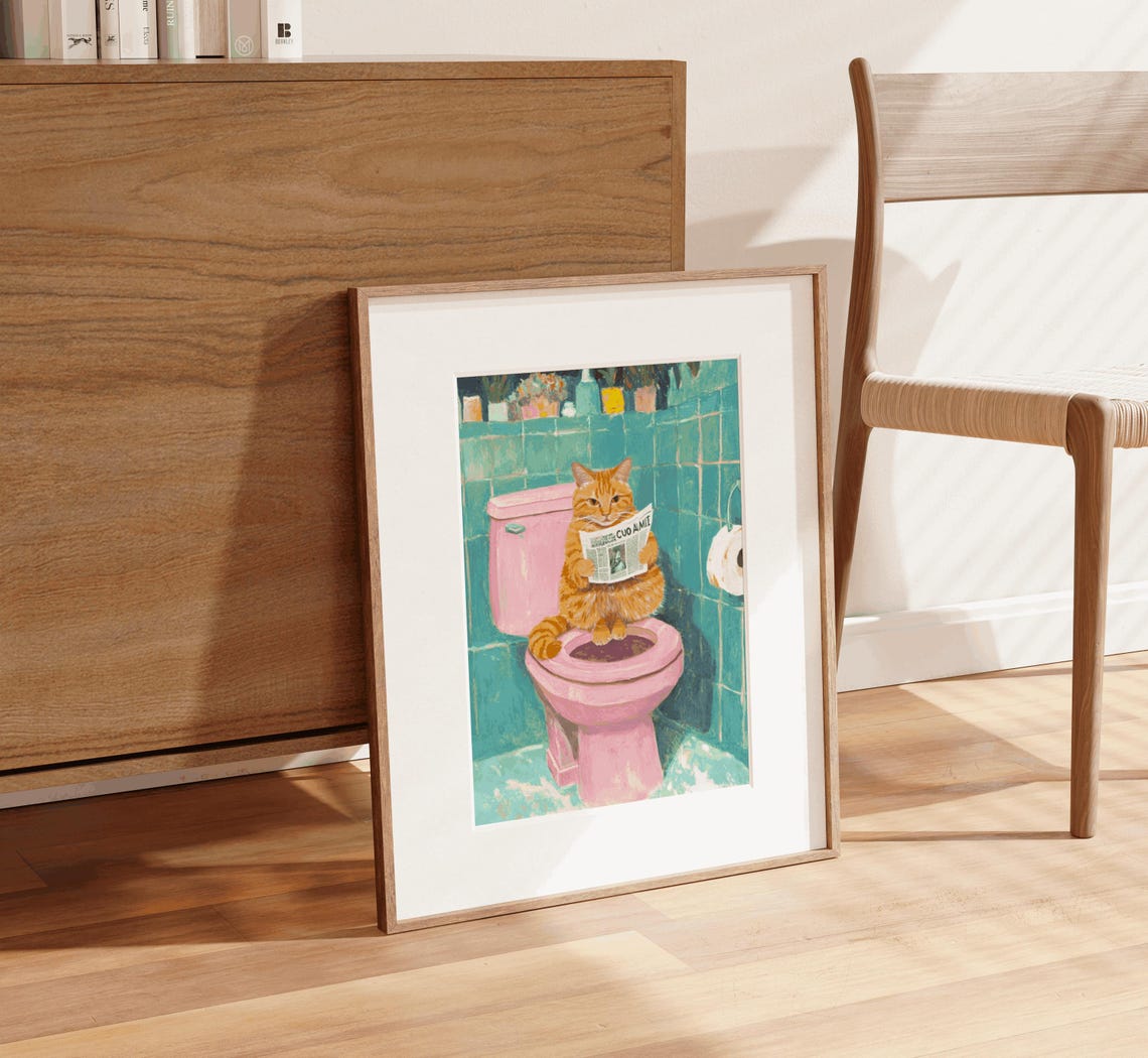 Funny Orange Cat Reading Newspaper on Toilet Bathroom Poster