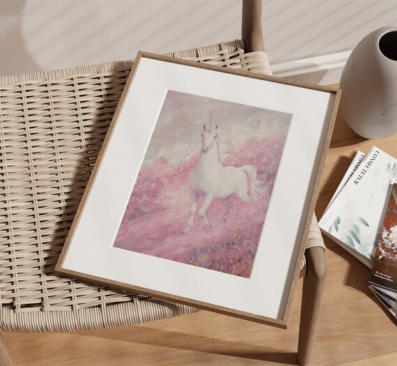 White Unicorn in Pink Flower Field Magical Fantasy Art Print