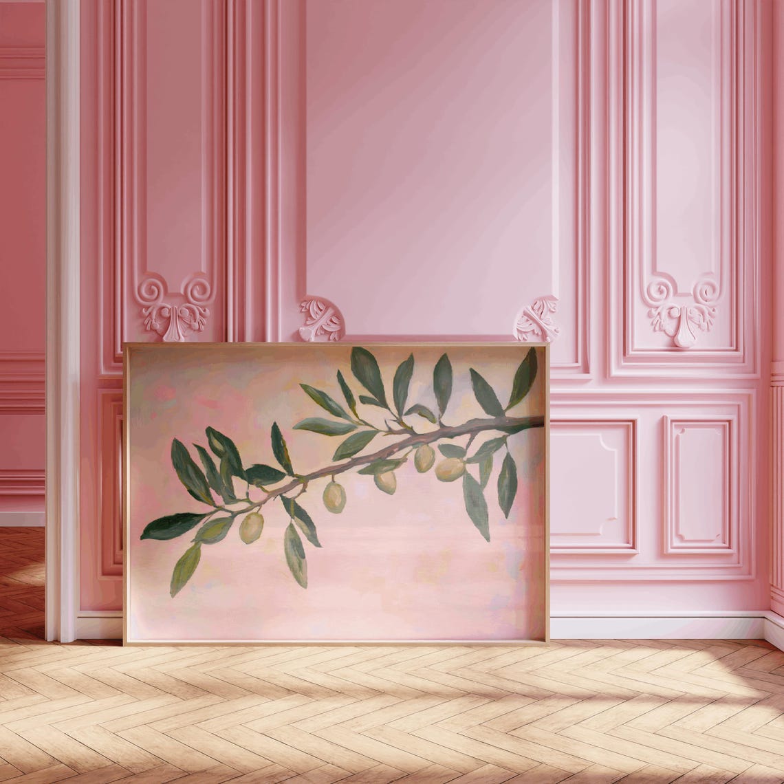 Olive Branch Painting Green Olives Pink Botanical Art Poster