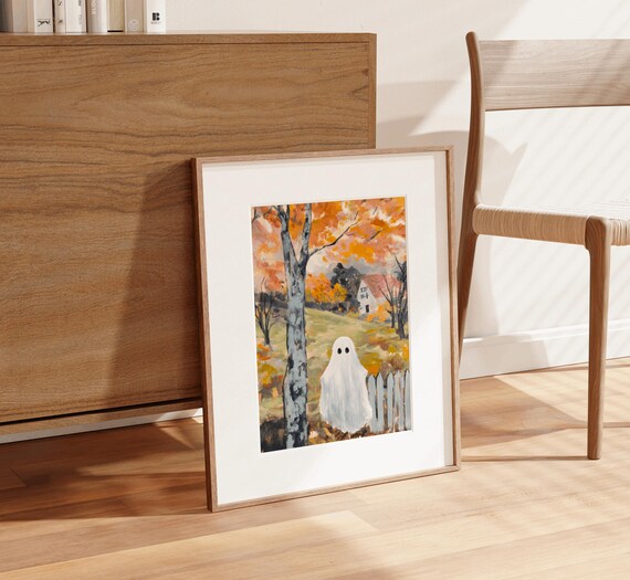 Cute Ghost Autumn Birch Forest Vintage Watercolor Halloween Print