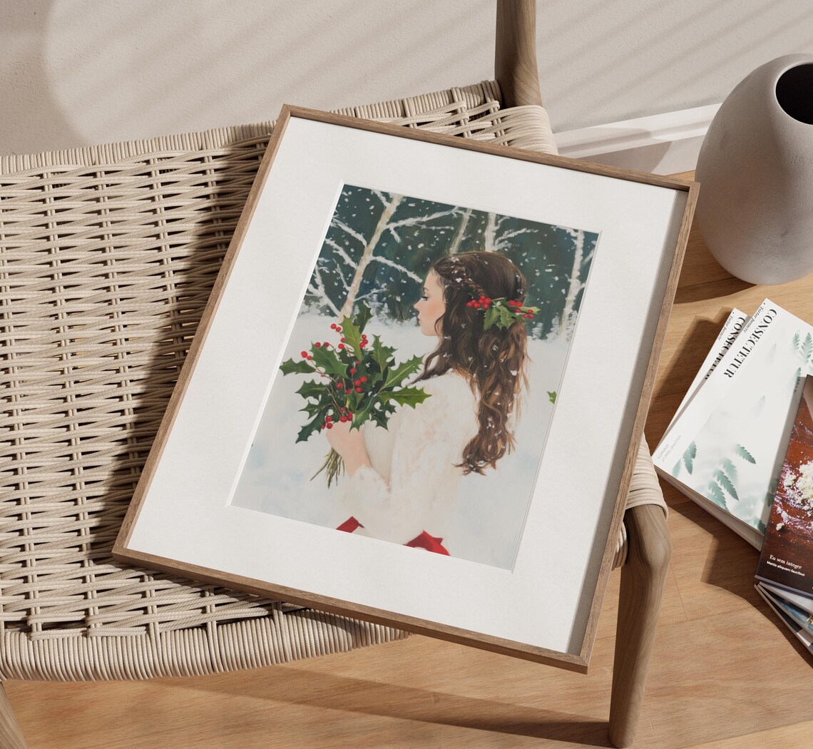 Elegant Woman White Dress Holly Winter Snowy Forest Painting Poster - Image 3