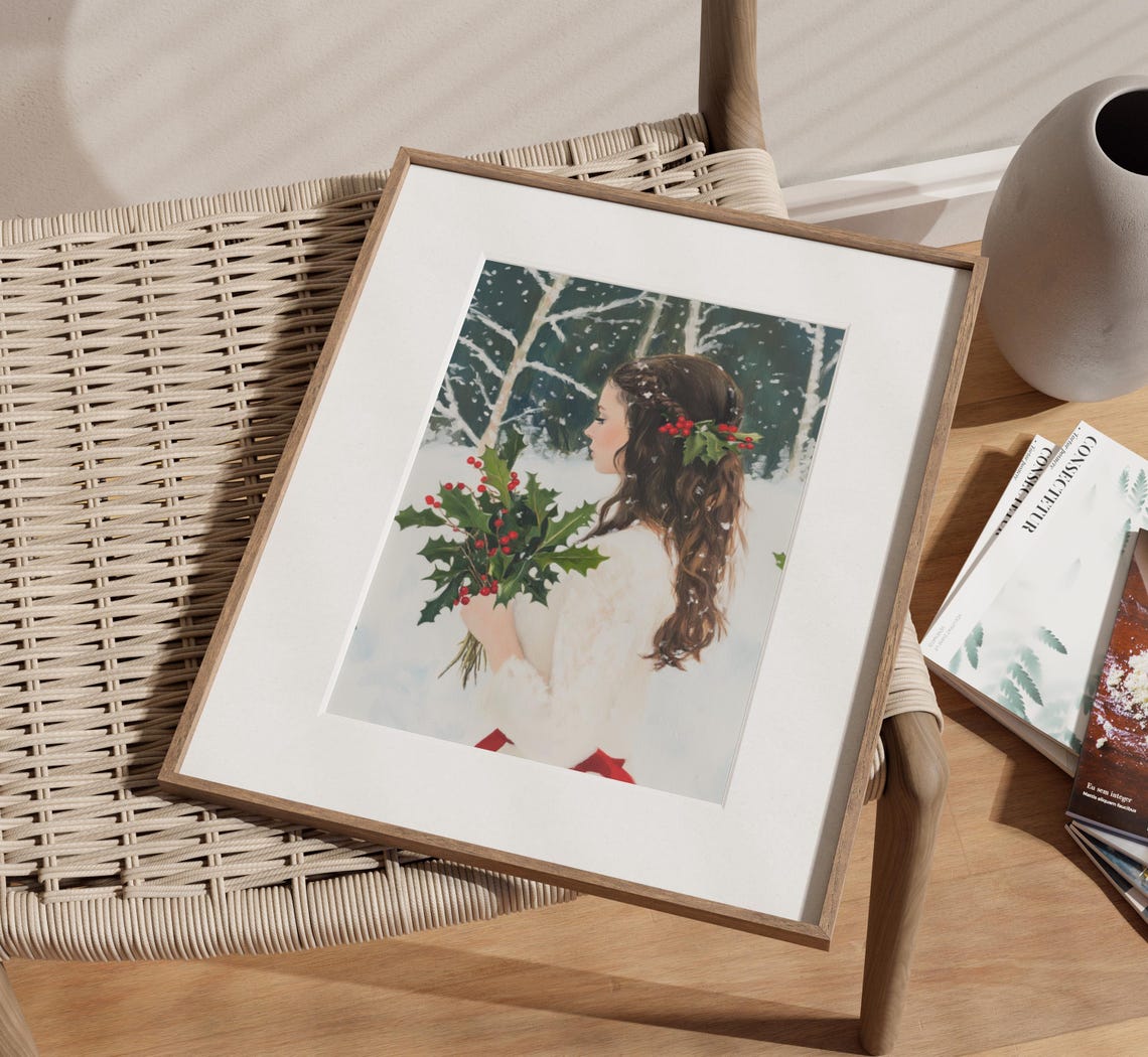 Mistletoe Lady Divine Feminine Winter Art Classy Woman Painting Holly Christmas Print Floral Christmas Floral Winter Girls Winter Art - Image 3