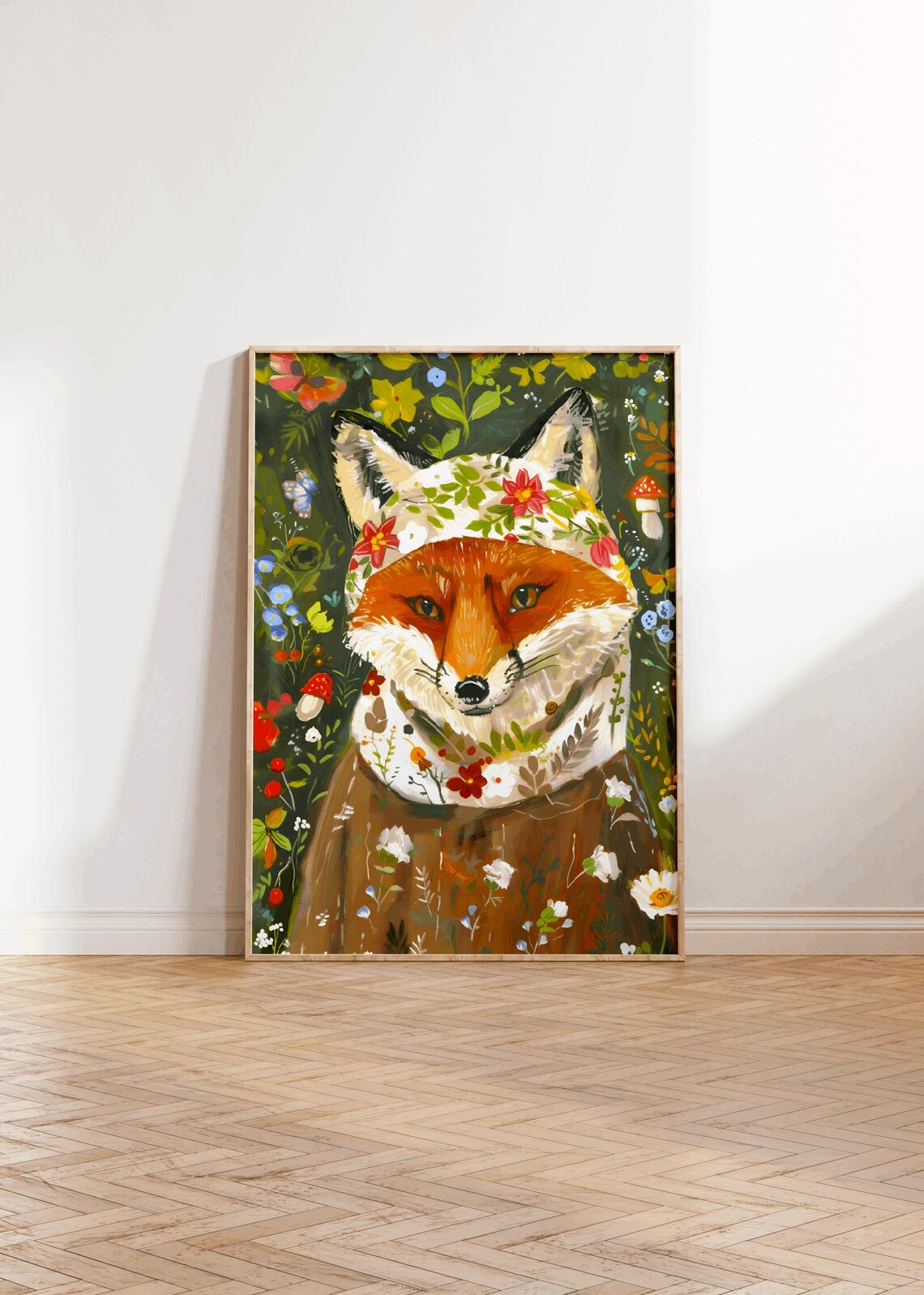 Cute Red Fox Wearing Floral Babushka Woodland Mushroom Poster - Image 3