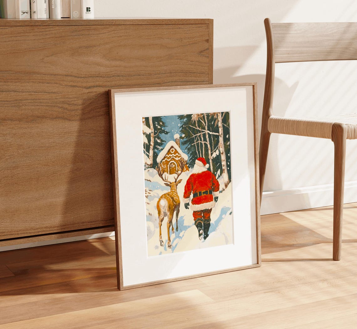 Santa Claus and Reindeer Walk to Gingerbread House Snowy Forest Poster - Image 2