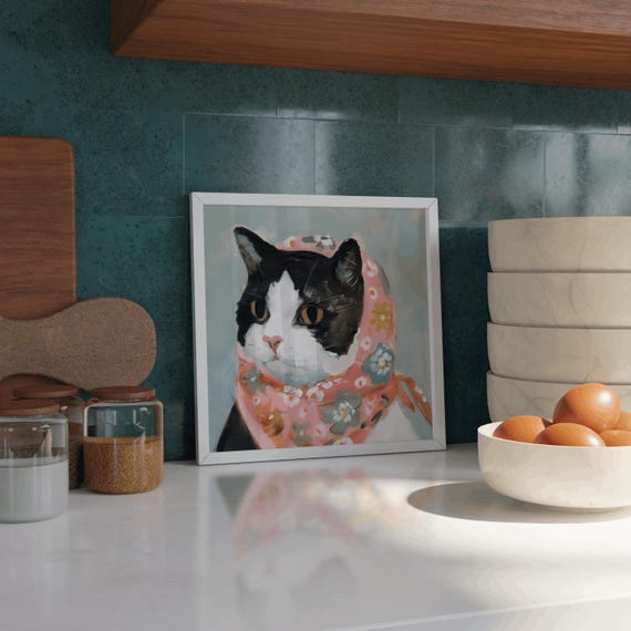 Tuxedo Babushka Cat Floral Portrait Art Print