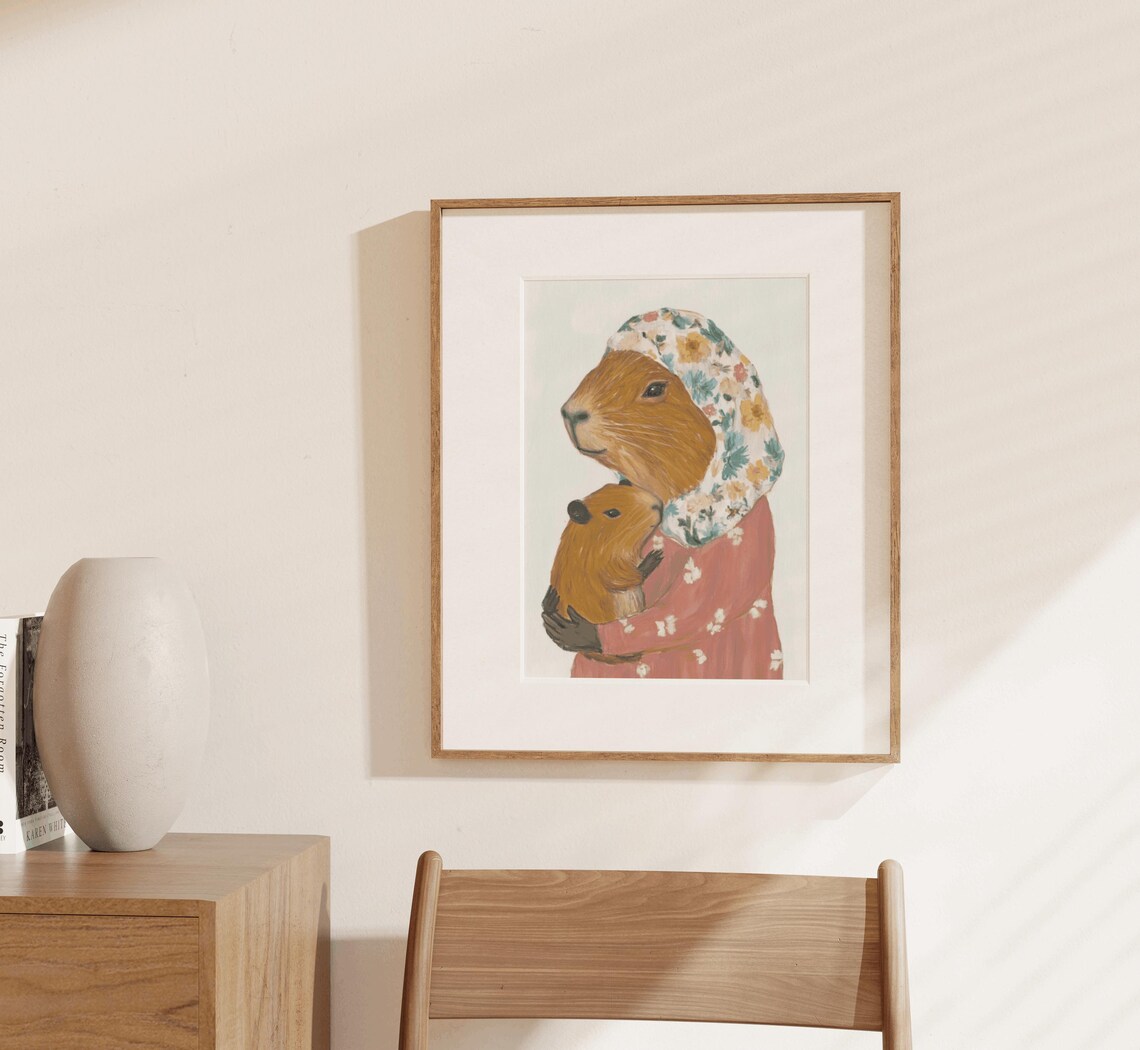 Capybara Mom Hugging Baby Floral Bonnet Vintage Nursery Poster - Image 3