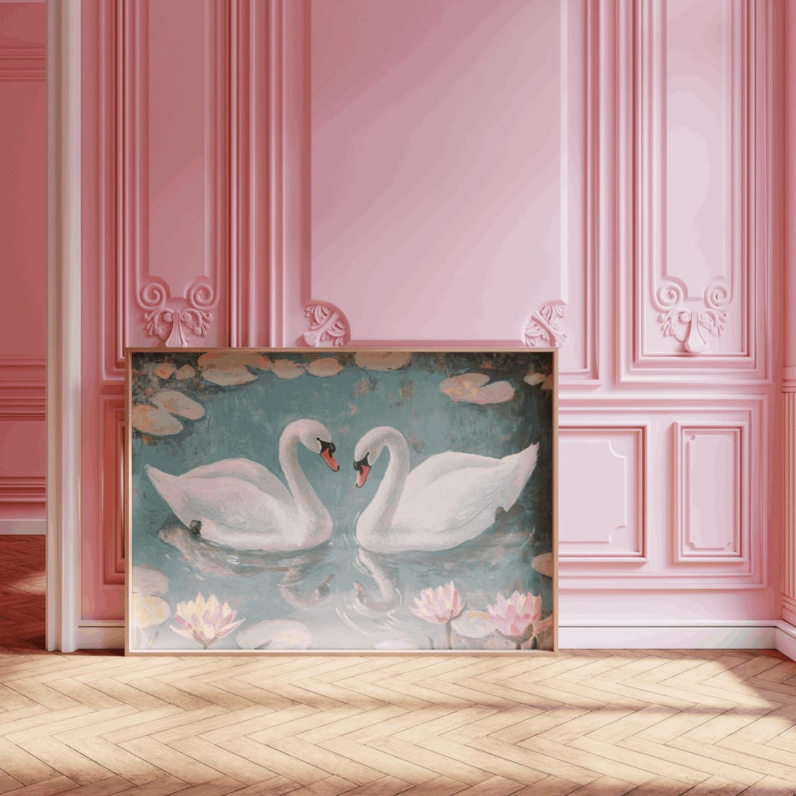 Two White Swans Water Lilies Romantic Lake Watercolor Wall Art