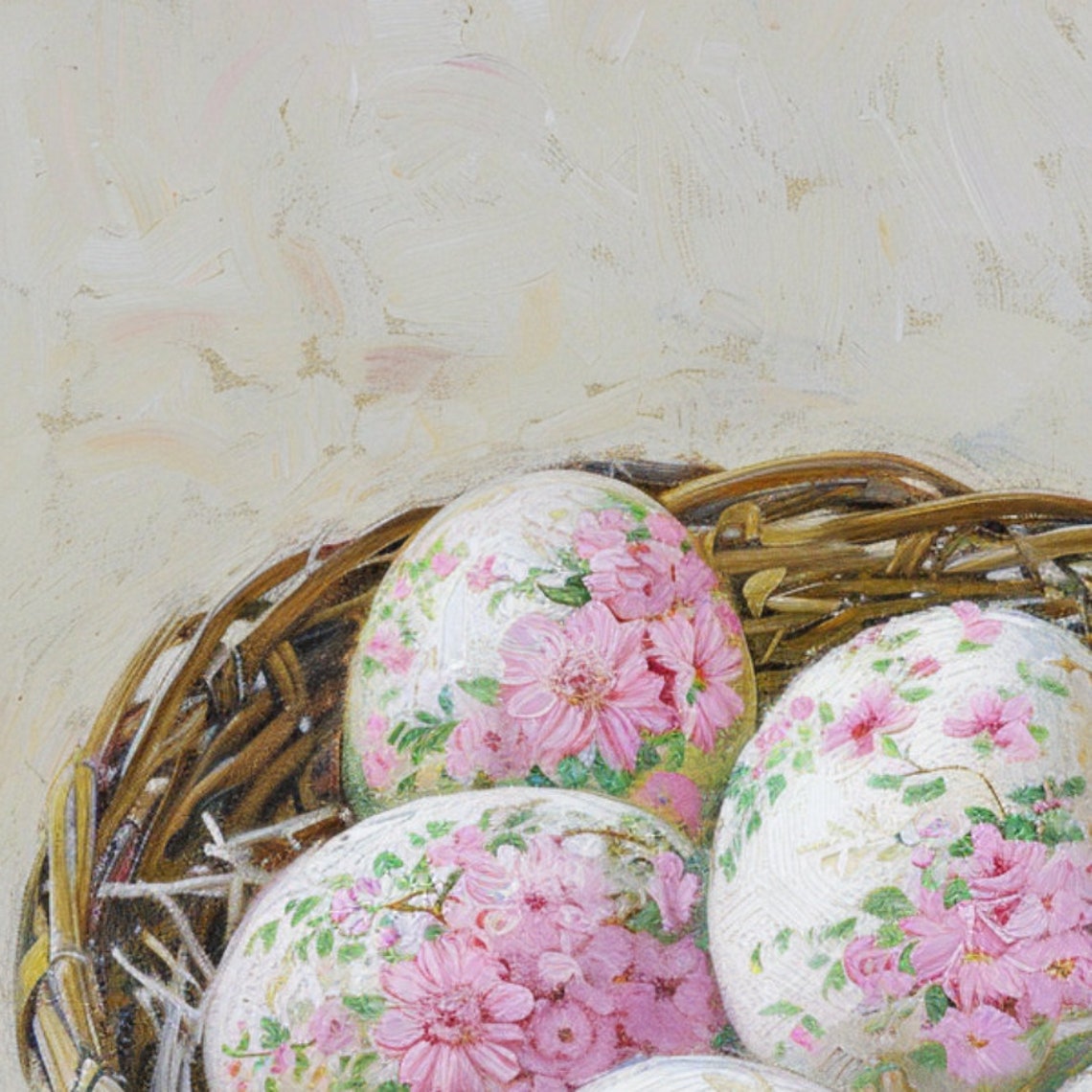Basket of Floral Easter Eggs Wicker Still Life Painting Art Print - Image 3