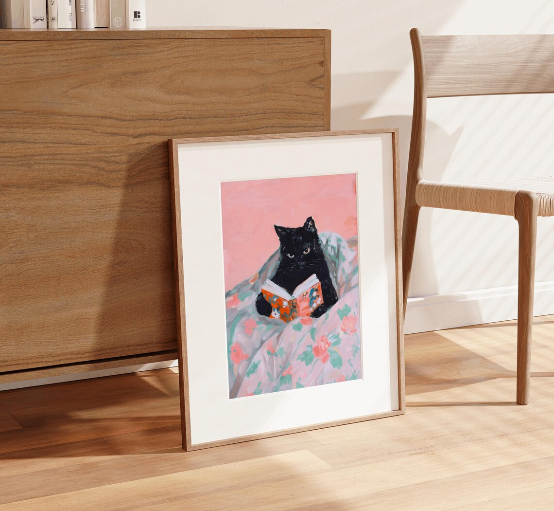 Black Cat Book Lover Art Print, Bookworm Cat Art - Image 4