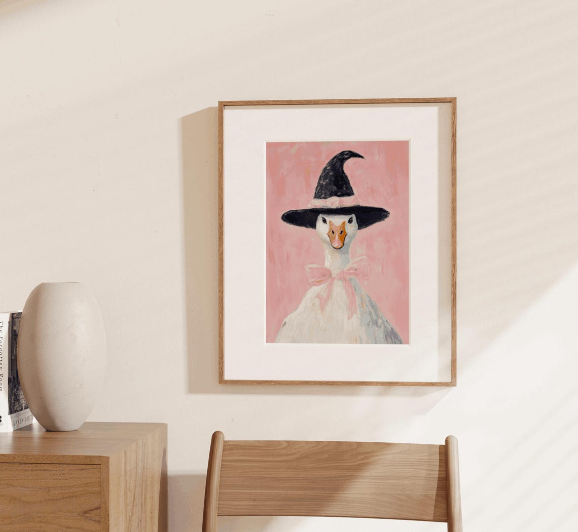 Witch Hat Goose Pink Bow Cute Halloween Coquette Watercolor Art Print - Image 3