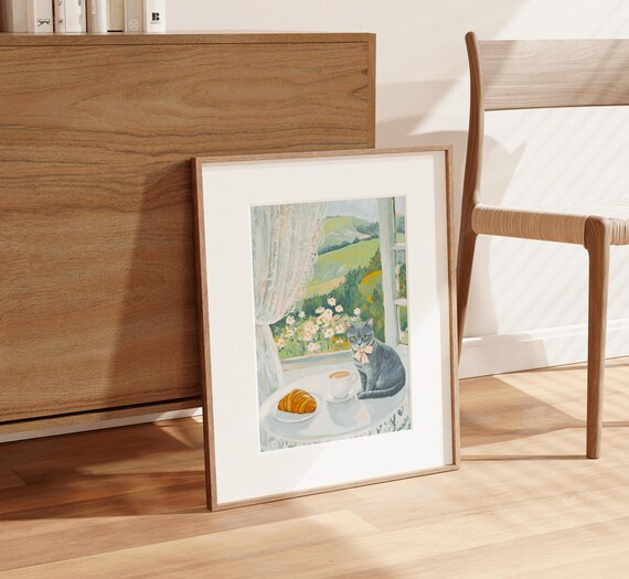 Grey Cat Cafe Coffee Croissant Window View Watercolor Wall Art