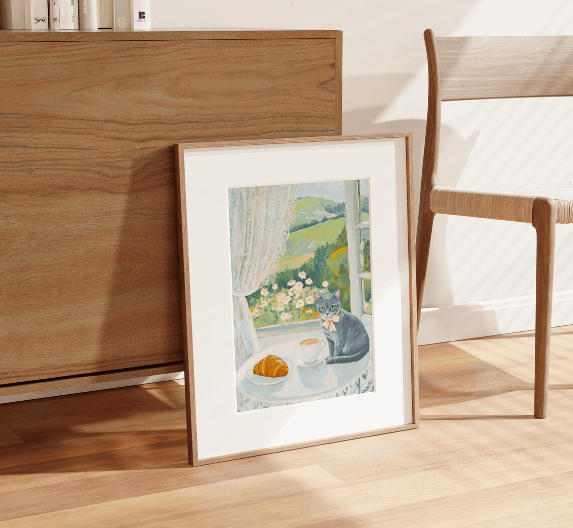 Grey Cat Cafe Coffee Croissant Window View Watercolor Wall Art