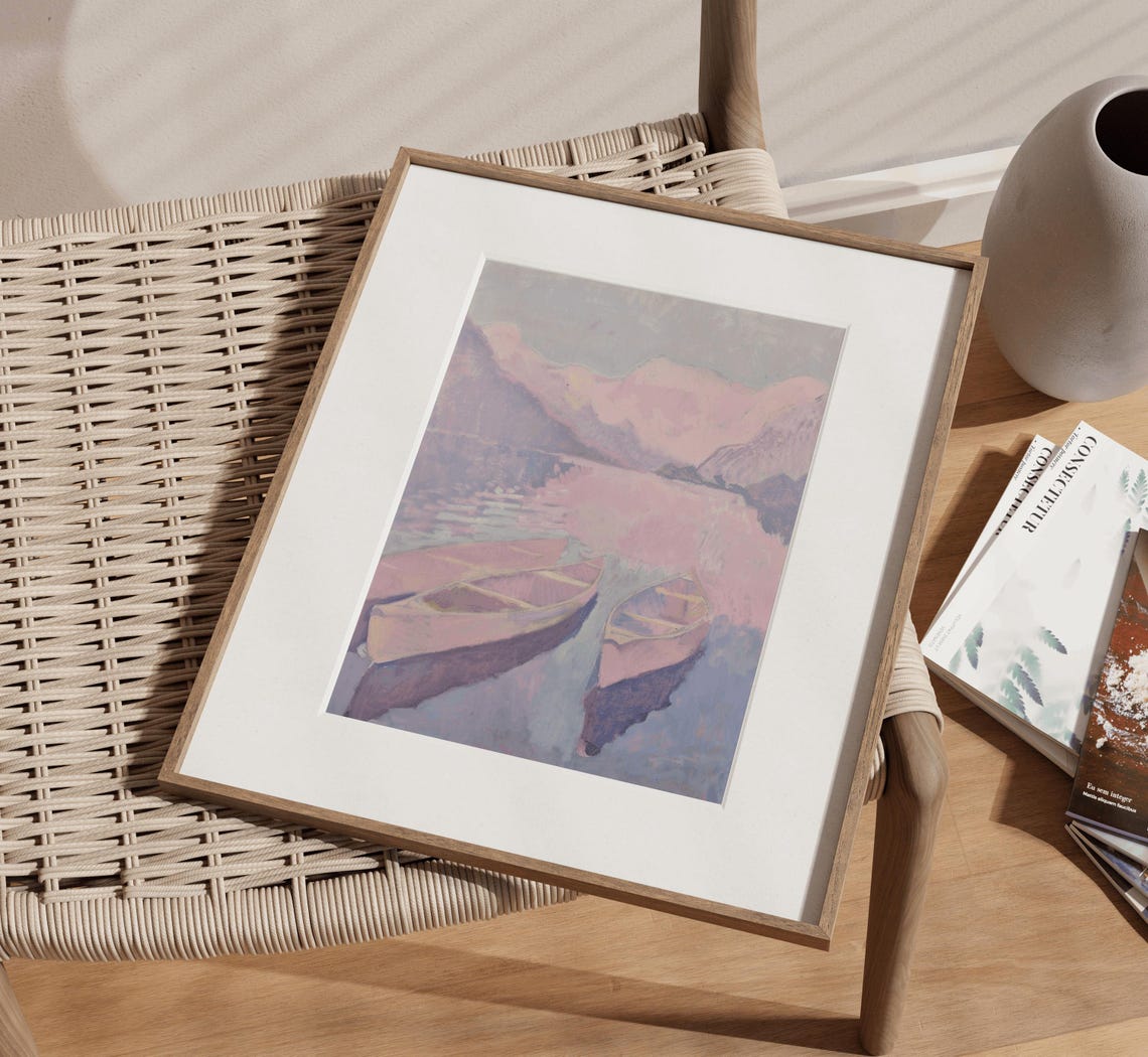 Pastel Rowboats Resting On Calm Sunset Lake Reflection Poster