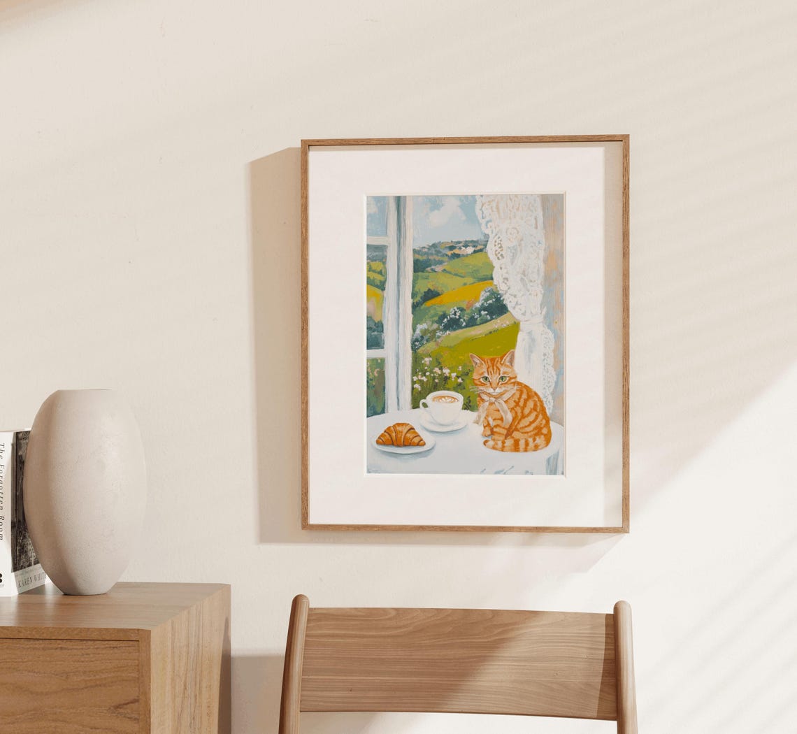 Orange Tabby Cat Cafe Coffee Croissant Cozy Watercolor Art Print - Image 3