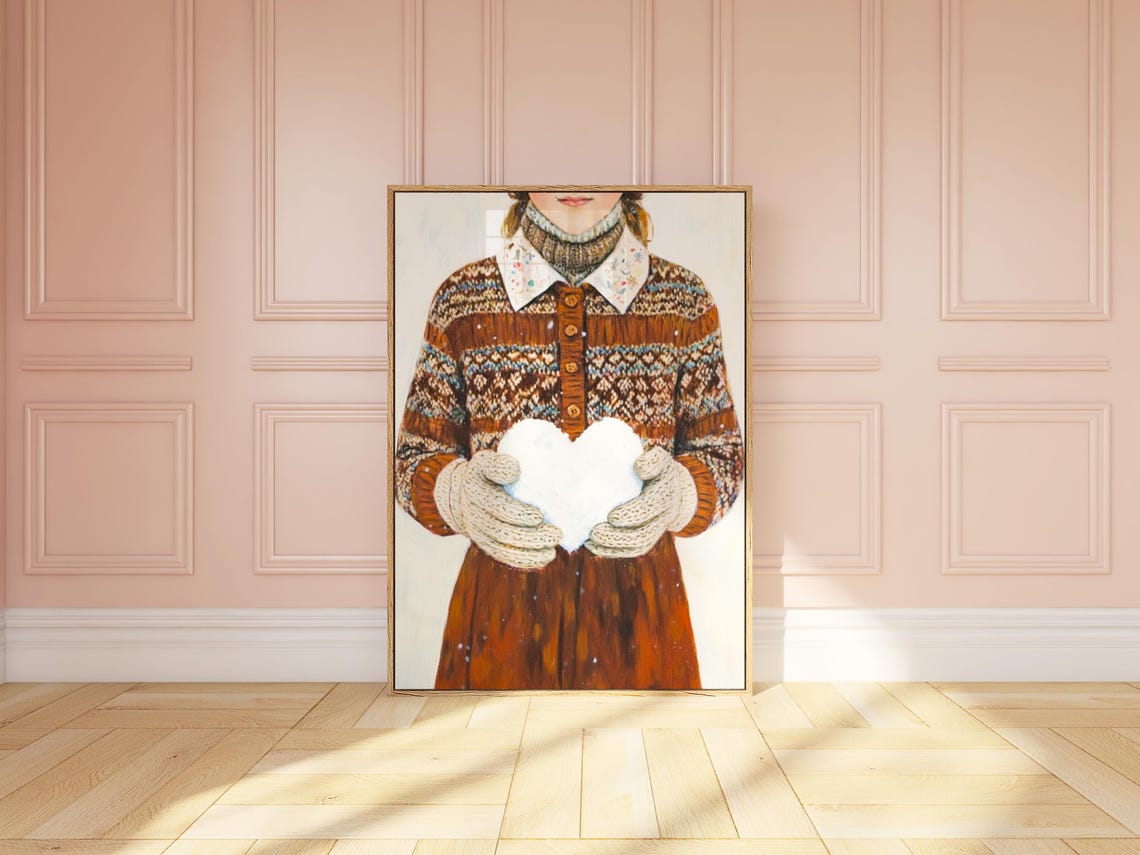 Love Heart Winter Painting Girls Room Christmas Wall Art Affiche Fministe Vintage Winter Print Feminine Wall Art Winter Cottagecore