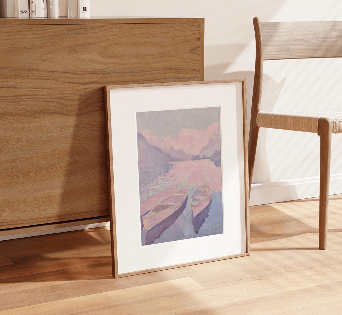 Pastel Rowboats Resting On Calm Sunset Lake Reflection Poster - Image 3