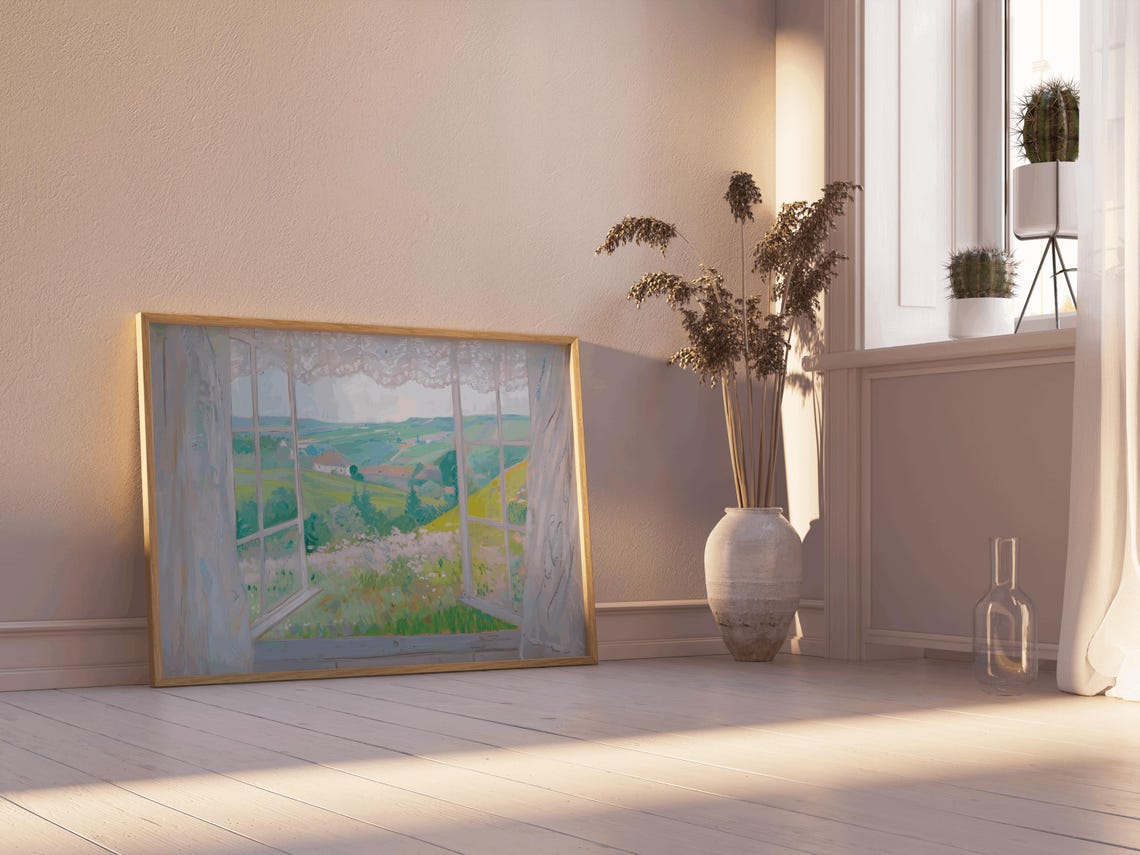 Sheer White Lace Curtains Open Window Meadow Landscape Poster - Image 2