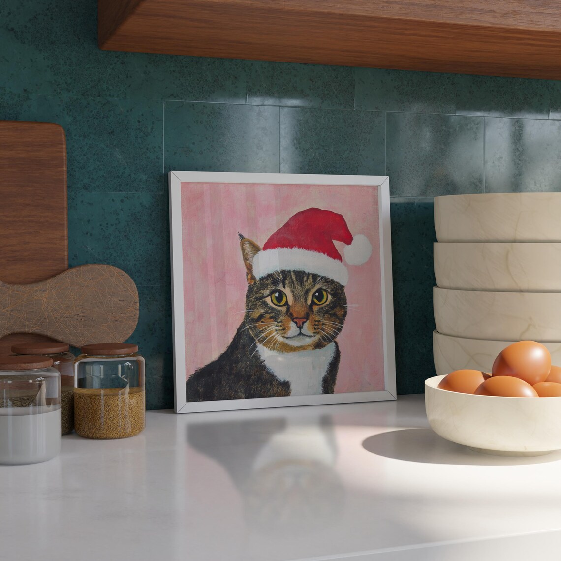 Brown Tabby Cat Wearing Santa Hat on Pink Christmas Portrait Poster - Image 3