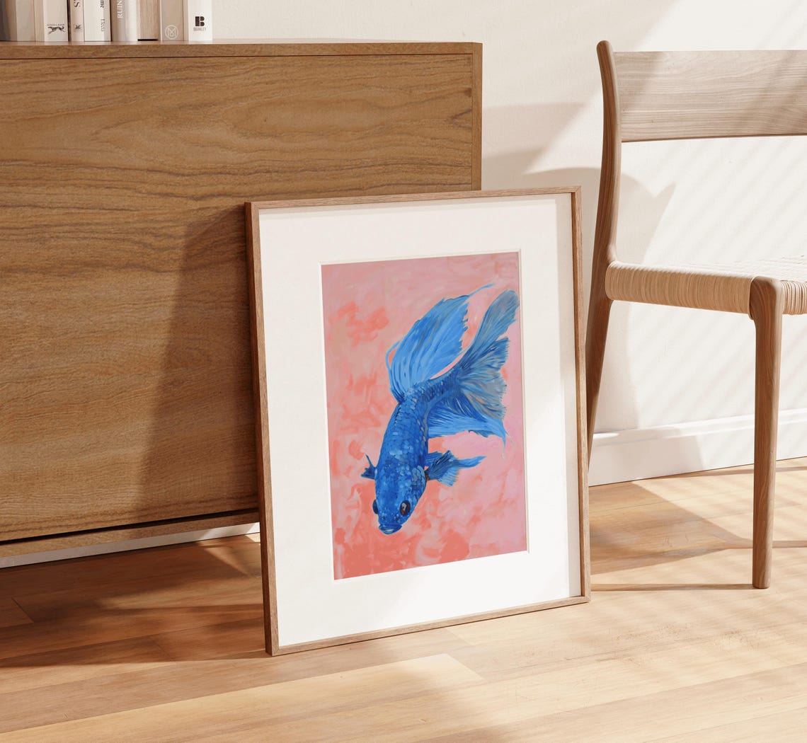Vibrant Blue Betta Fish On Pink Watercolor Background Poster - Image 3