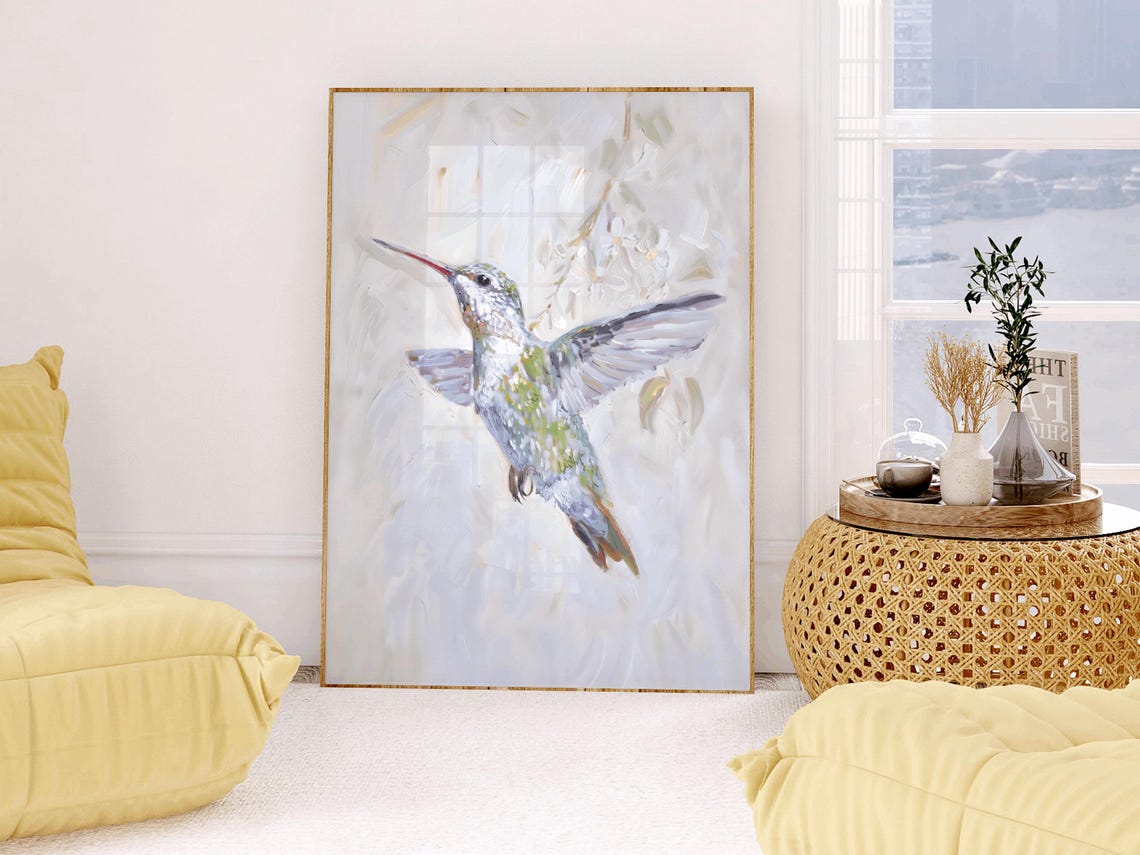 Delicate Hummingbird In Flight White Floral Watercolor Poster - Image 2