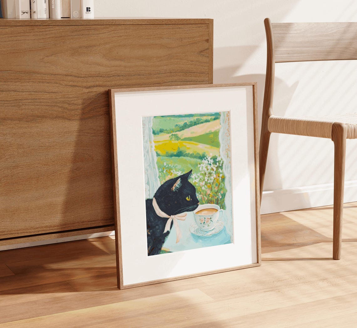 Black Cat Pink Bow Smelling Tea Cup Window Garden Scene Poster - Image 2