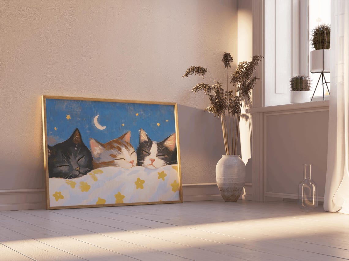 Three Sleeping Kittens Under Starry Blanket Moonlight Poster - Image 3