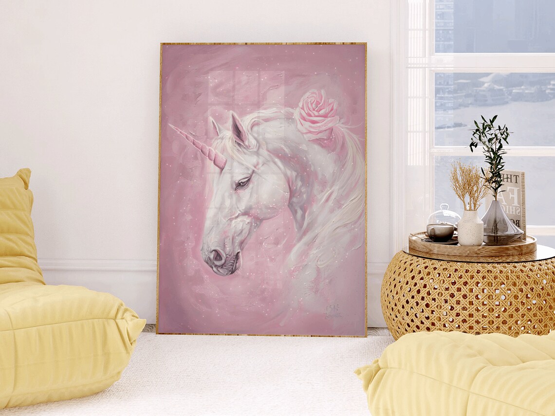 White Unicorn Portrait with Pink Roses Magical Fantasy Art Print - Image 2