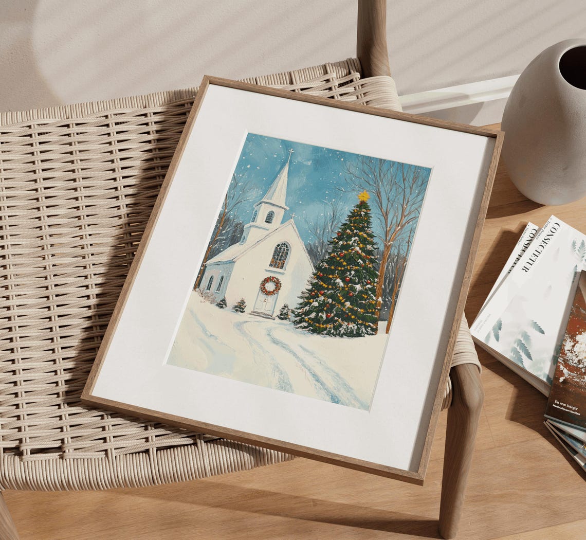 White Church in Snow with Lit Christmas Tree and Wreath Poster - Image 3