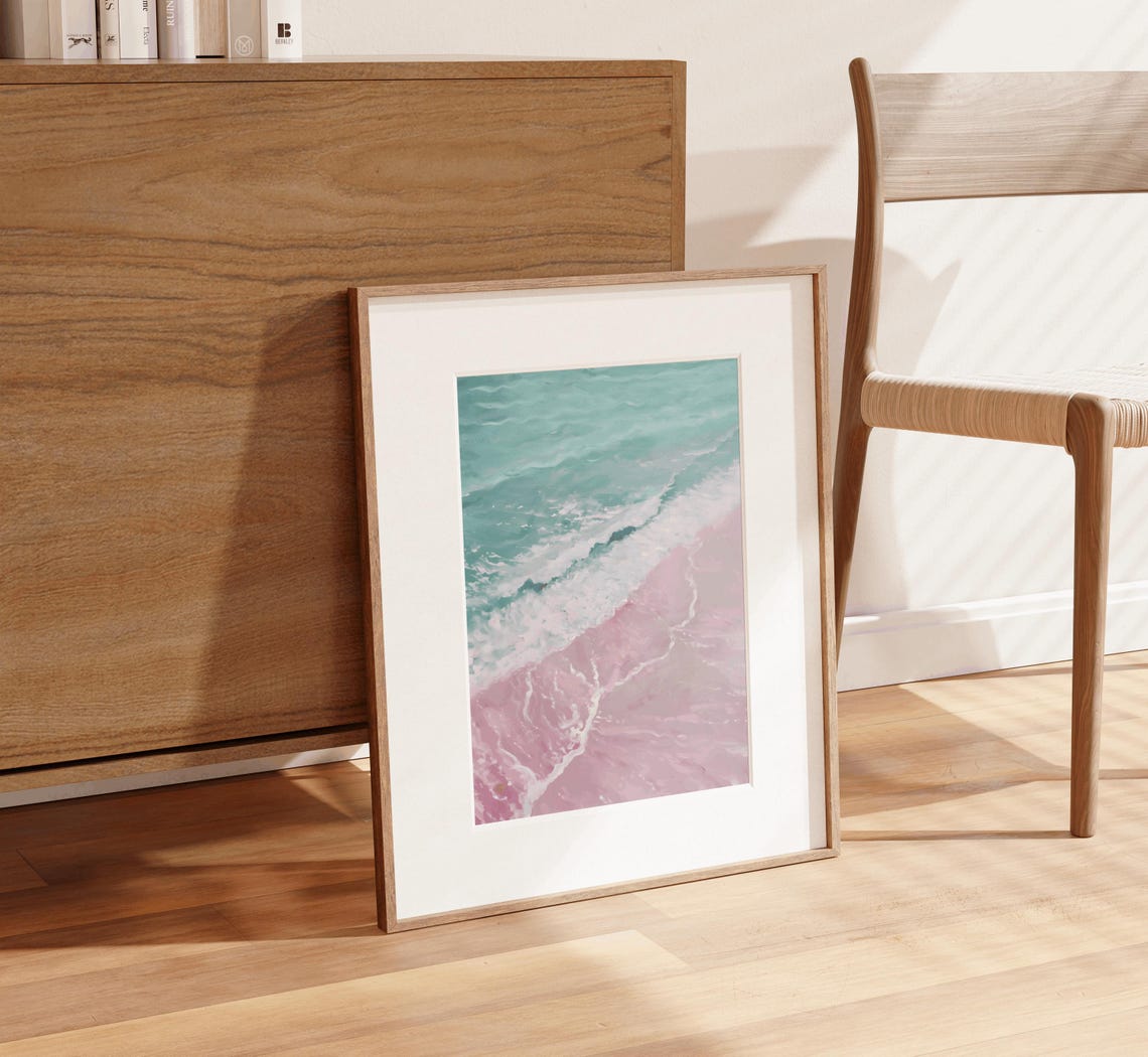 Pink Sand Shoreline With Turquoise Waves Aerial Ocean Poster - Image 2