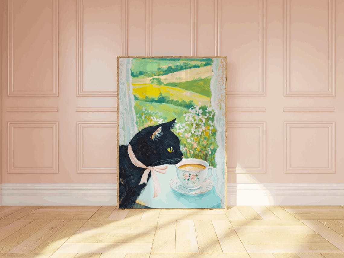 Black Cat Pink Bow Smelling Tea Cup Window Garden Scene Poster - Image 3