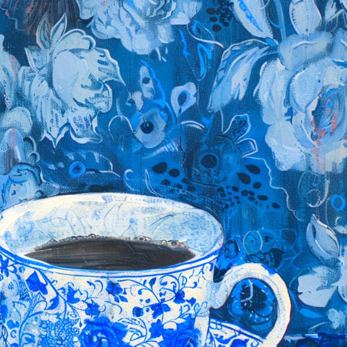 Blue Chinoiserie Teacup Floral Still Life Painting Art Print - Image 3