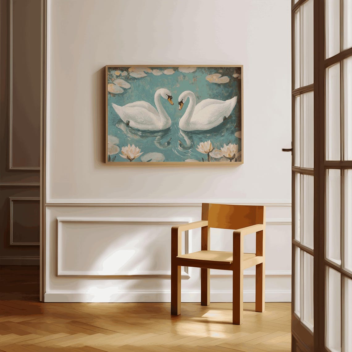 Two White Swans Water Lilies Romantic Lake Watercolor Wall Art - Image 3