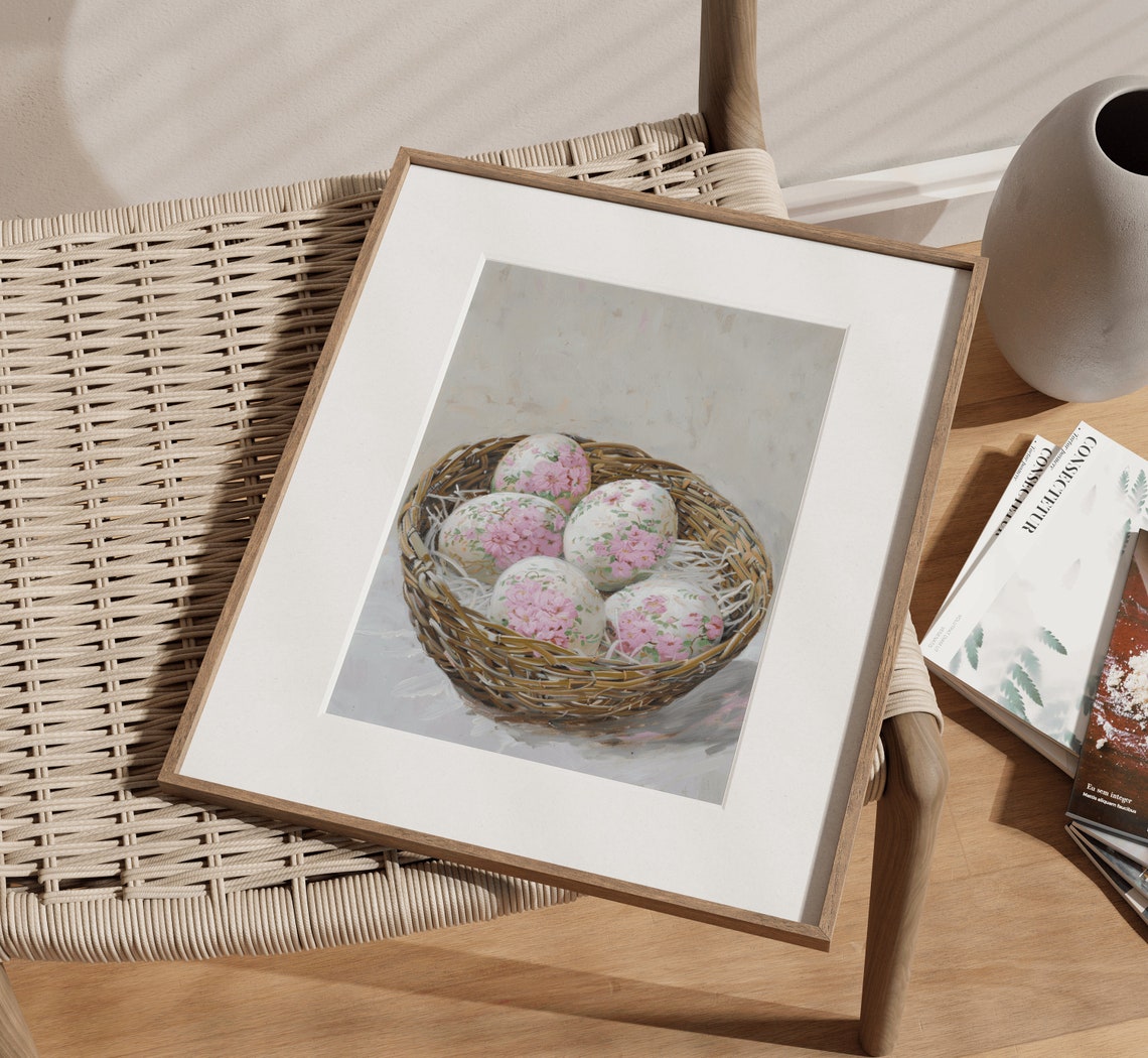 Basket Of Eggs Painting White Flowers Vase Art Farmhouse Kitchen Art Print Art Country Art Print Neutral Still Life Painting