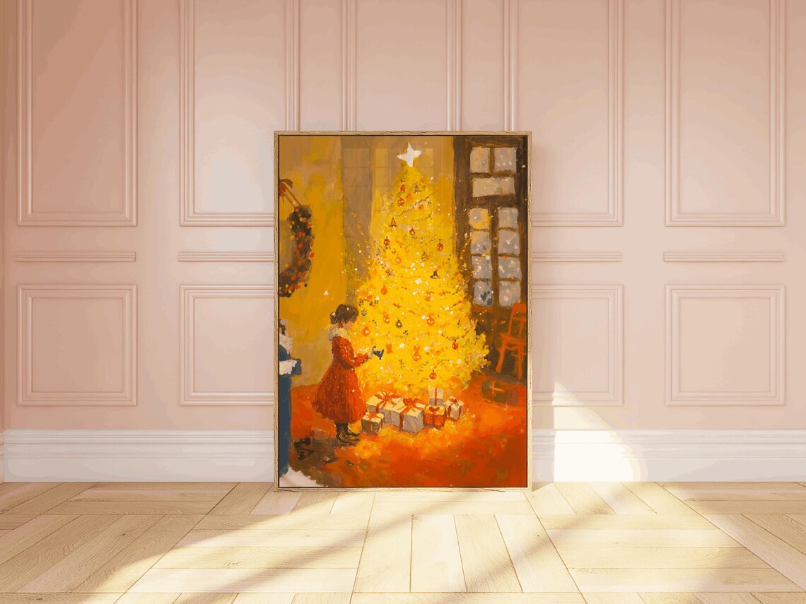 Golden Christmas Tree Girl Red Dress Warm Holiday Painting Poster